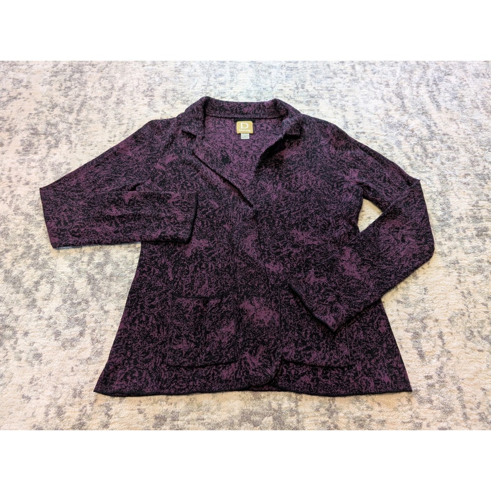 Damask Purple Black Abstract Knit Sweater Cardigan Button Front Women's Medium